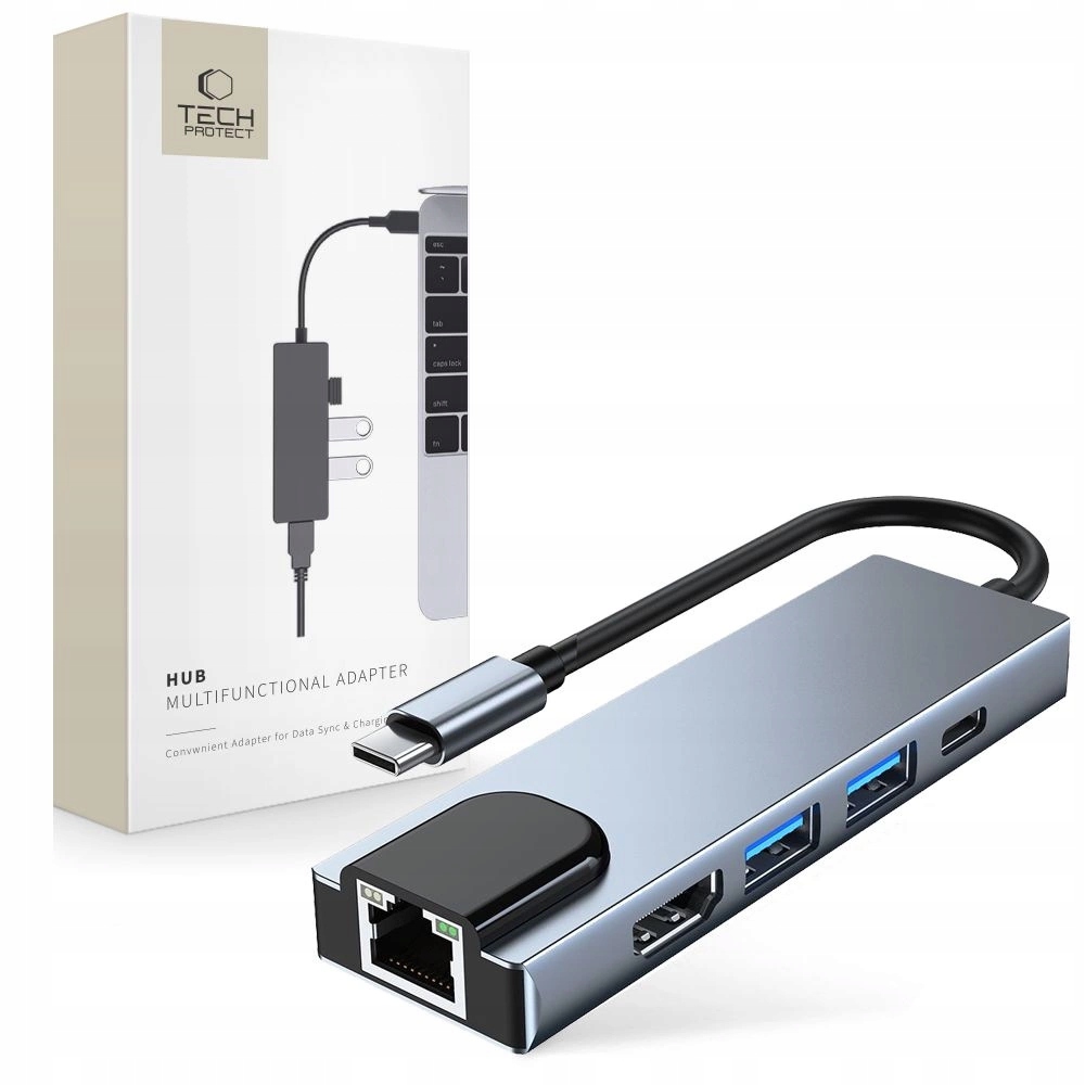 Hub Tech-Protect V3 5v1 Usb-c Usb-a 3.0 Usb-a 2.0 Usb-c Hdmi RJ45 šedý