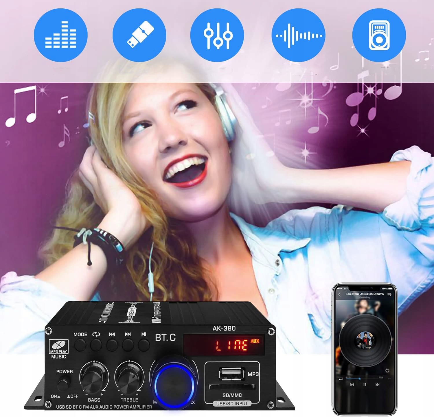 ODBIORNIK BLUETOOTH 5.0 AK380 12V HIFI WZMACNIACZ DO DOMU SAMOCHÓD Z PILOT Marka bez marki