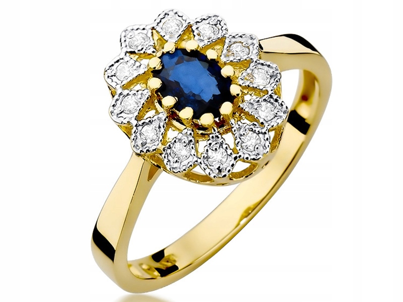 Zlatý prstýnek 585 marquise safír 22 diamantů klasický model dárek