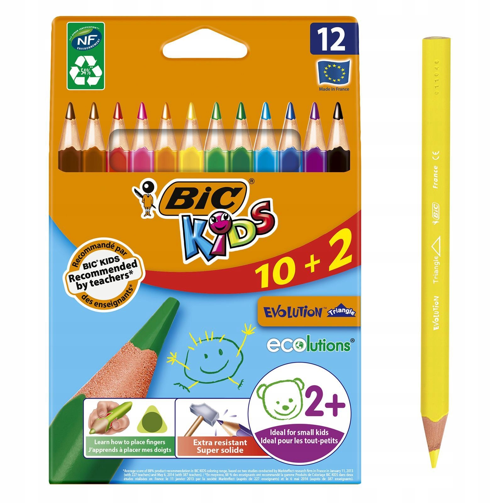 BIC KIDS EVO ТРЕУГОЛЬНЫЕ ТОЛСТЫЕ КАРАНДАШИ, ТОЧИЛКИ ДЛЯ КАРАНДАШЕЙ 12KOL