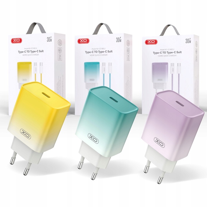 XO ŁADOWARKA SIECIOWA 30W Quick Charge 3.0 OMBRE + KABEL USB-C - USB-C Kolor niebieski