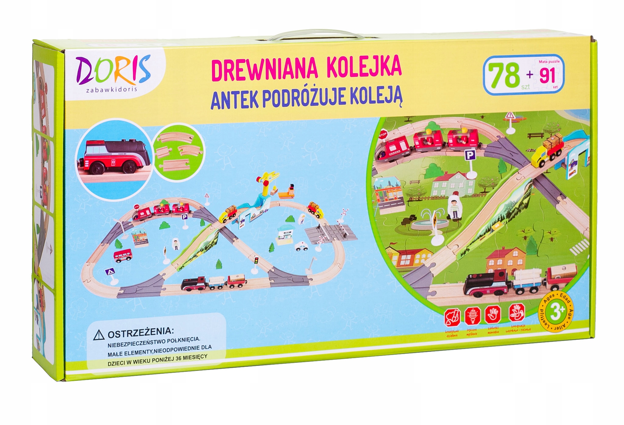 KOLEJKA DREWNIANA XXL 2 pociągi na baterie DŹWIG Kolor dominujący wielokolorowy