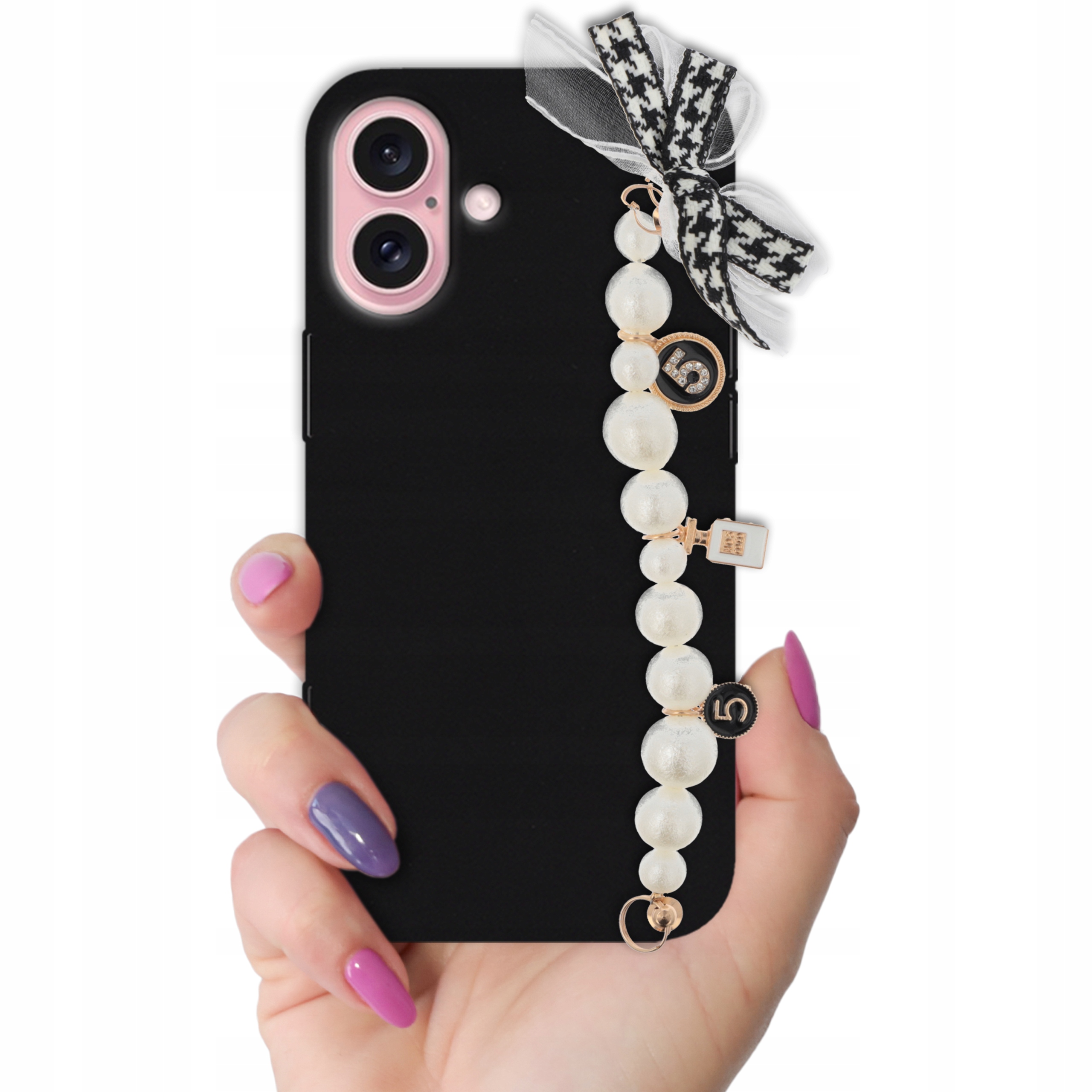 Pouzdro pro Iphone 16 Černé Matné Pouzdro s držákem Perly Mašlička Ochranné