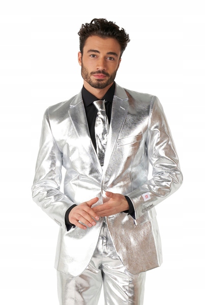 Pánský Stříbrný Lesklý Oblek Opposuits Deluxe Převlek Slim Fit 50