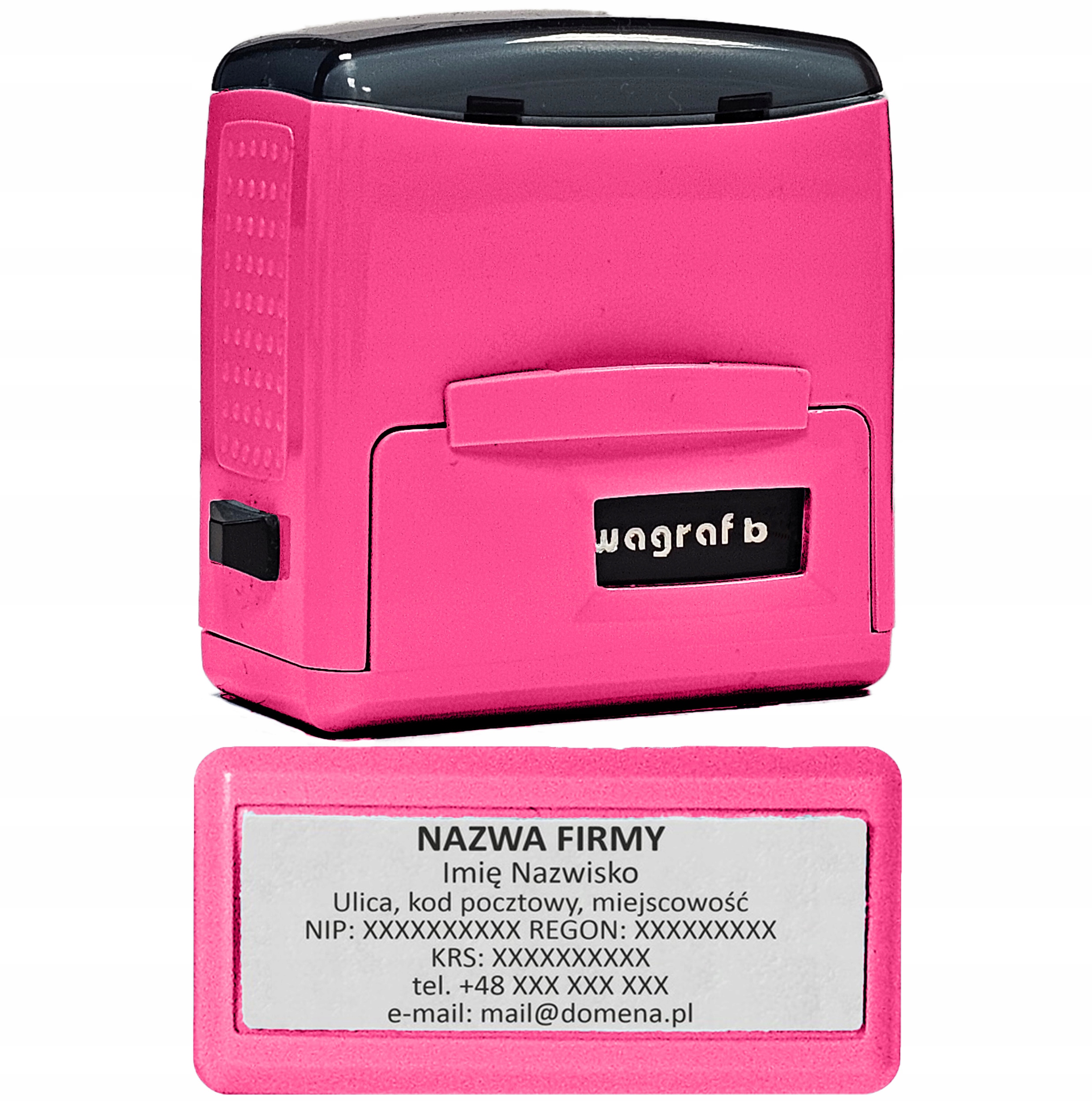 PIECZĄTKA FIRMOWA - IMIENNA - twoje LOGO - do 8 wersów Wagraf B4s - RÓŻOWY
