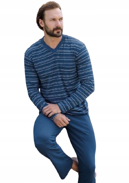 Elegantní Klasické Modré Pánské Pyžamo Tričko S Pruhy, Dlouhý Rukáv, Velikost M