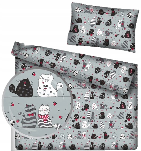 Pościel 140x200 Koty Szare 100% Bawełna Gruba Polska 40 Wzorów