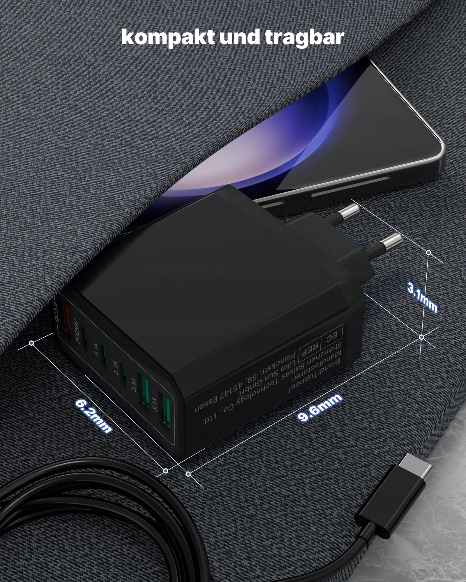 Ładowarka USB C, 6 portów USB C, zasilacz 40 W — miniatura 7