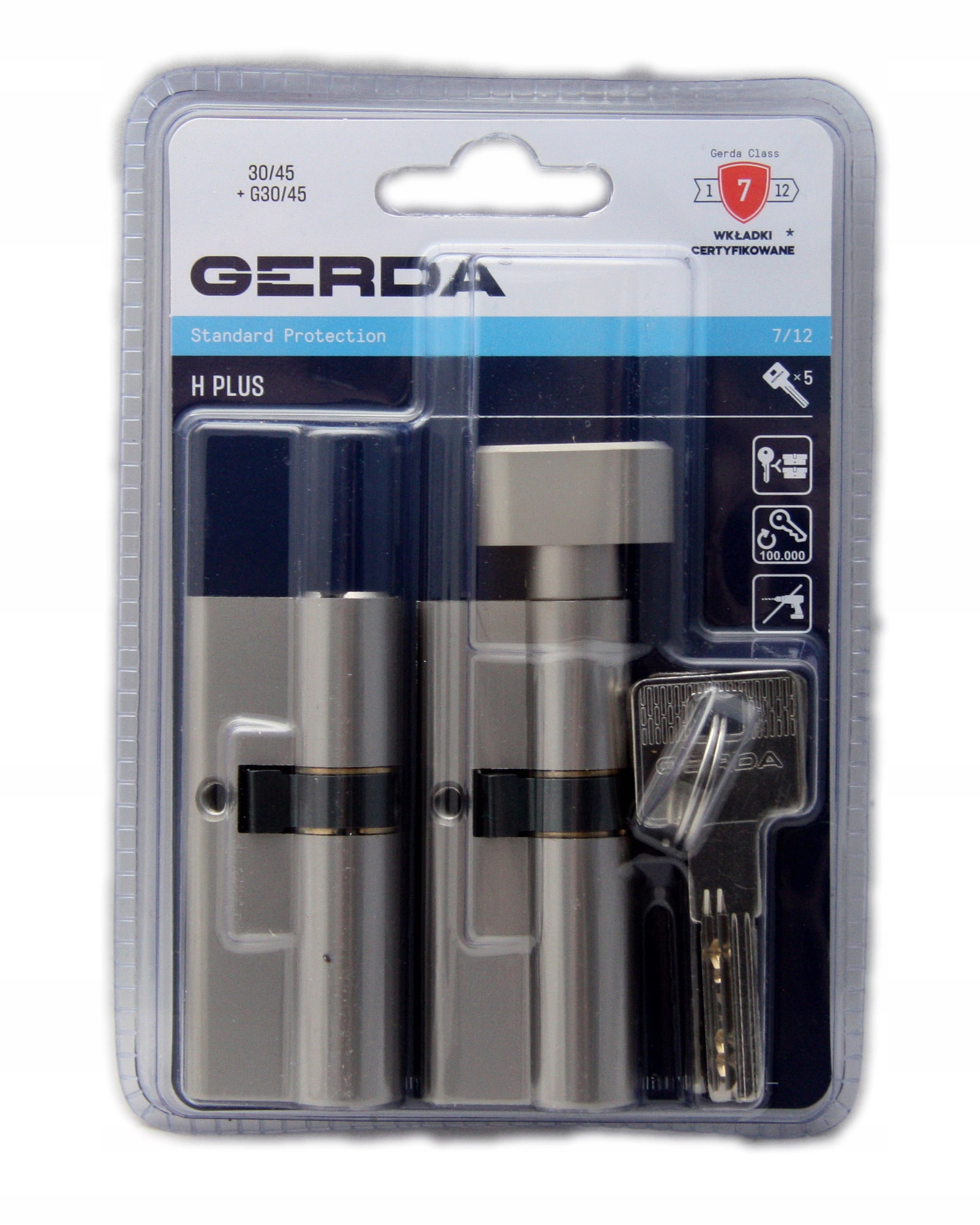 Komplet wkładek na jeden klucz 30/45 30G/45 nikiel Gerda H plus