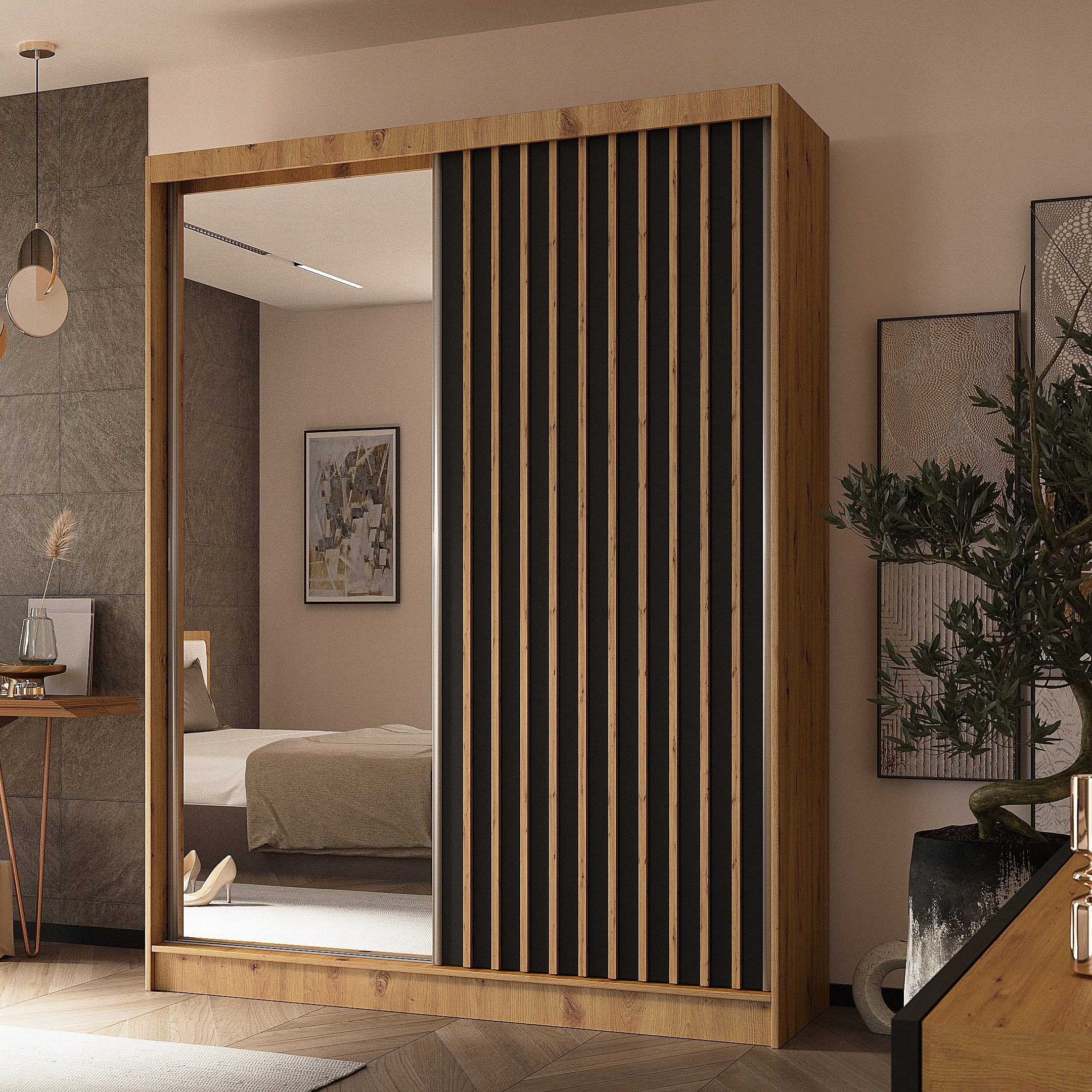 Skříň Lamello 160 cm Skříň se zrcadlem Posuvná dub artisan