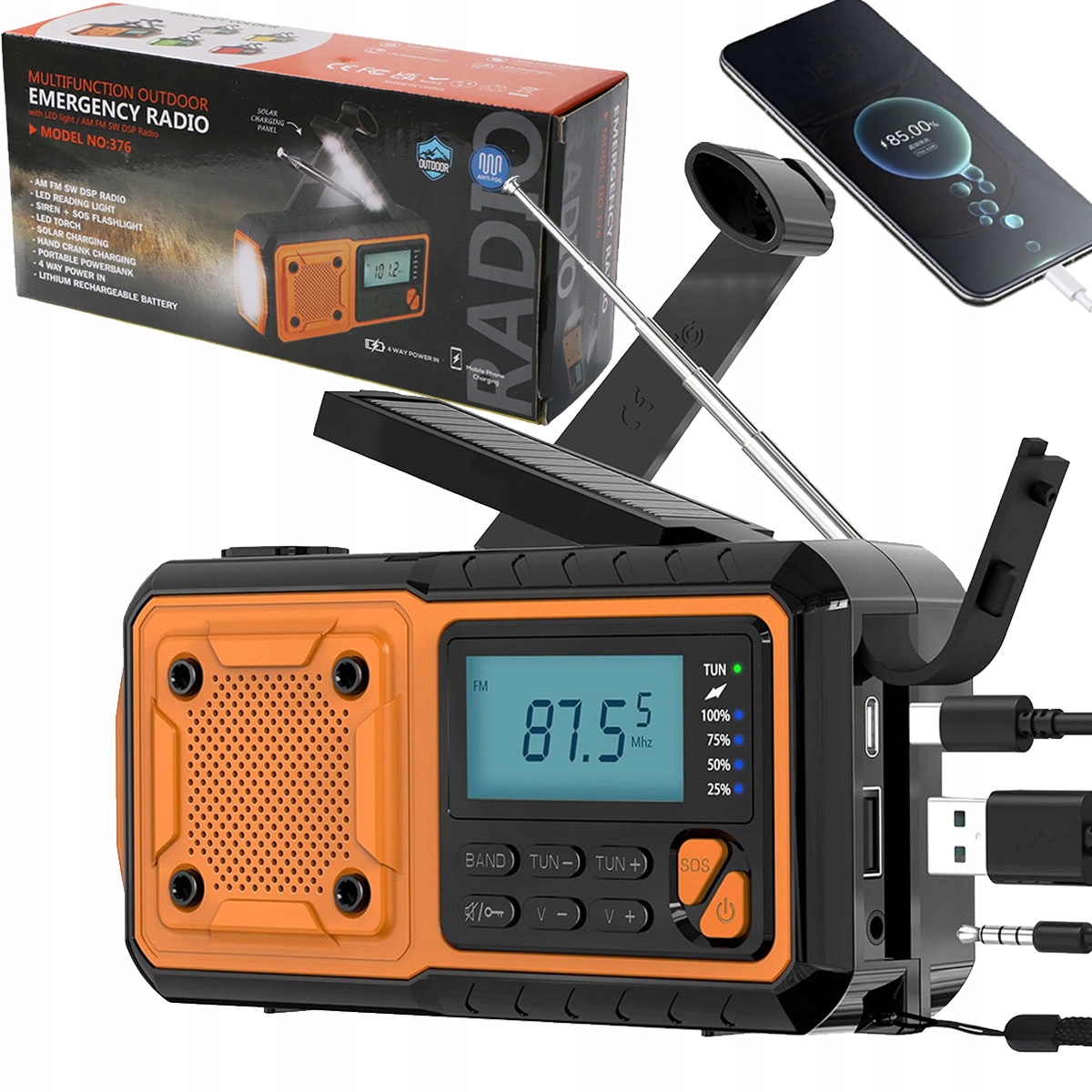 Przenośne Radio Solarne Korbka Sos Fm/am Dynamo Awaryjne Latarka Powerbank