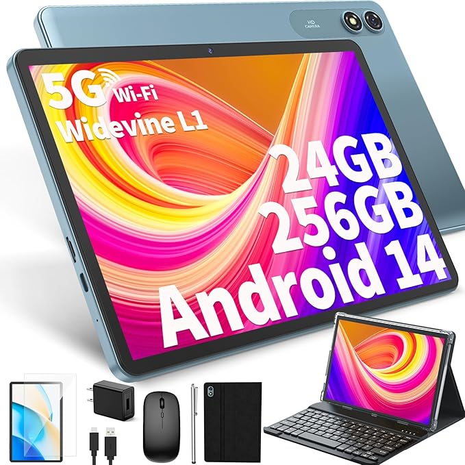 Tablet z systemem Android 14 z klawiaturą, 10 cali z 24 Gb 256 Gb