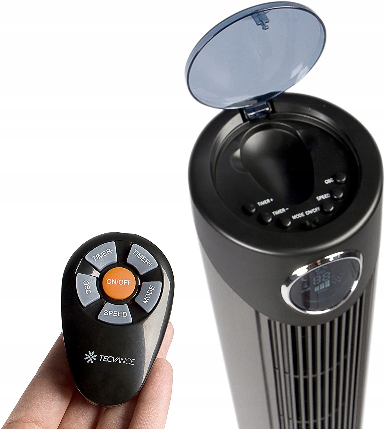 Sloupový ventilátor Tecvance stříbrný/šedý, oscilace, dálkový ovladač