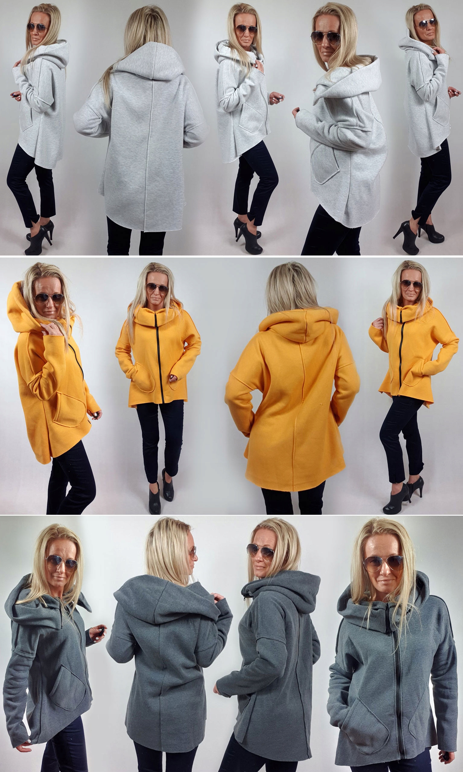 ASYMETRYCZNA BLUZA TUNIKA KARDIGAN KOMIN KAPTUR L Rozmiar L