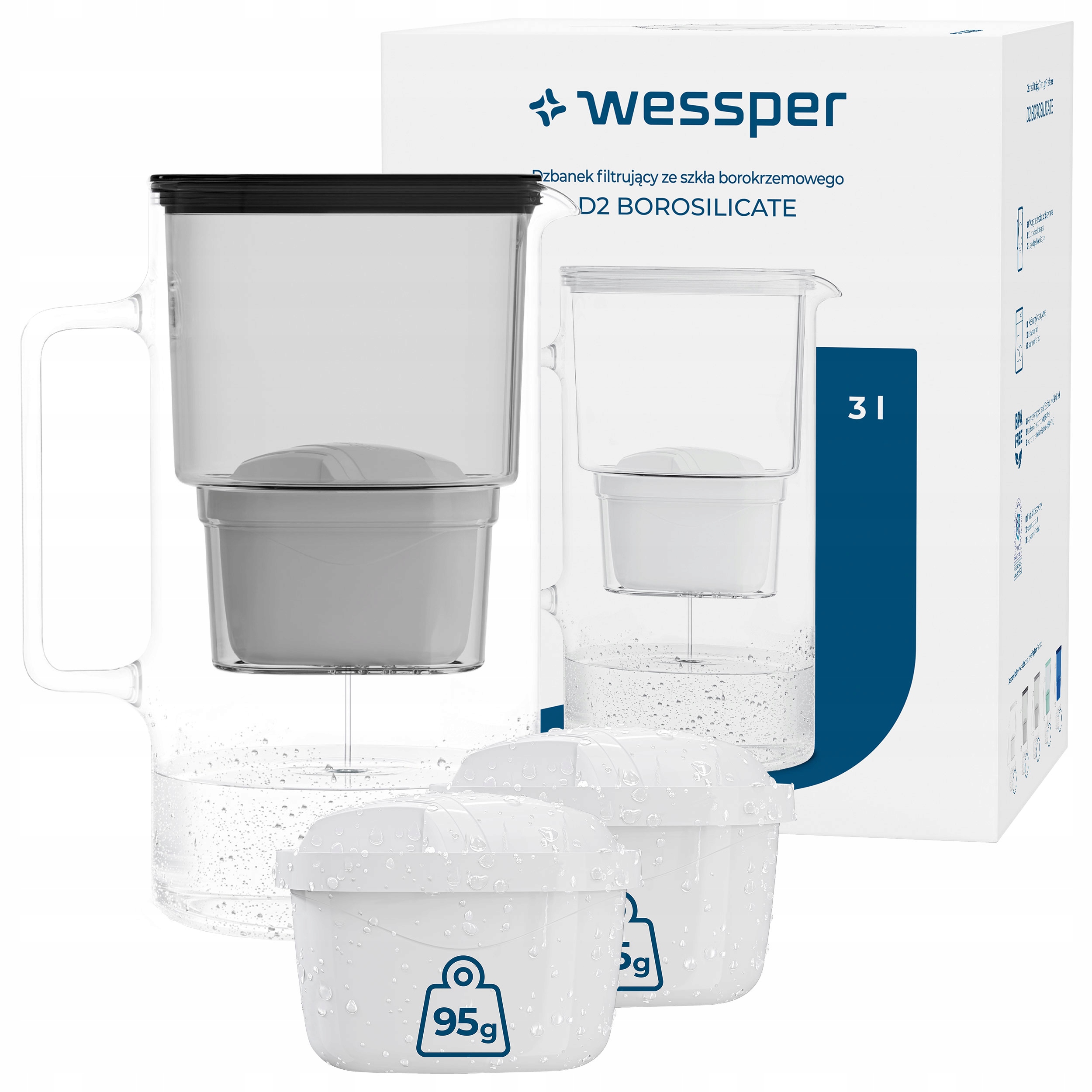 Dzbanek filtrujący Wessper D2 Borosilicate 3l czarny 3x filtr