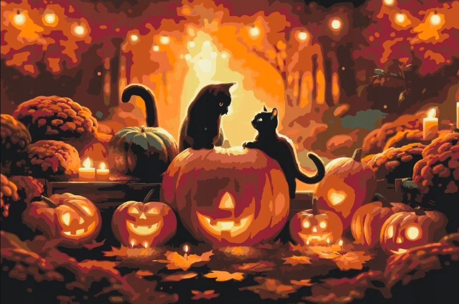 Diamantová výšivka Kočka Černá Noc Podzim Dýně Halloween Park Listy 40x60cm