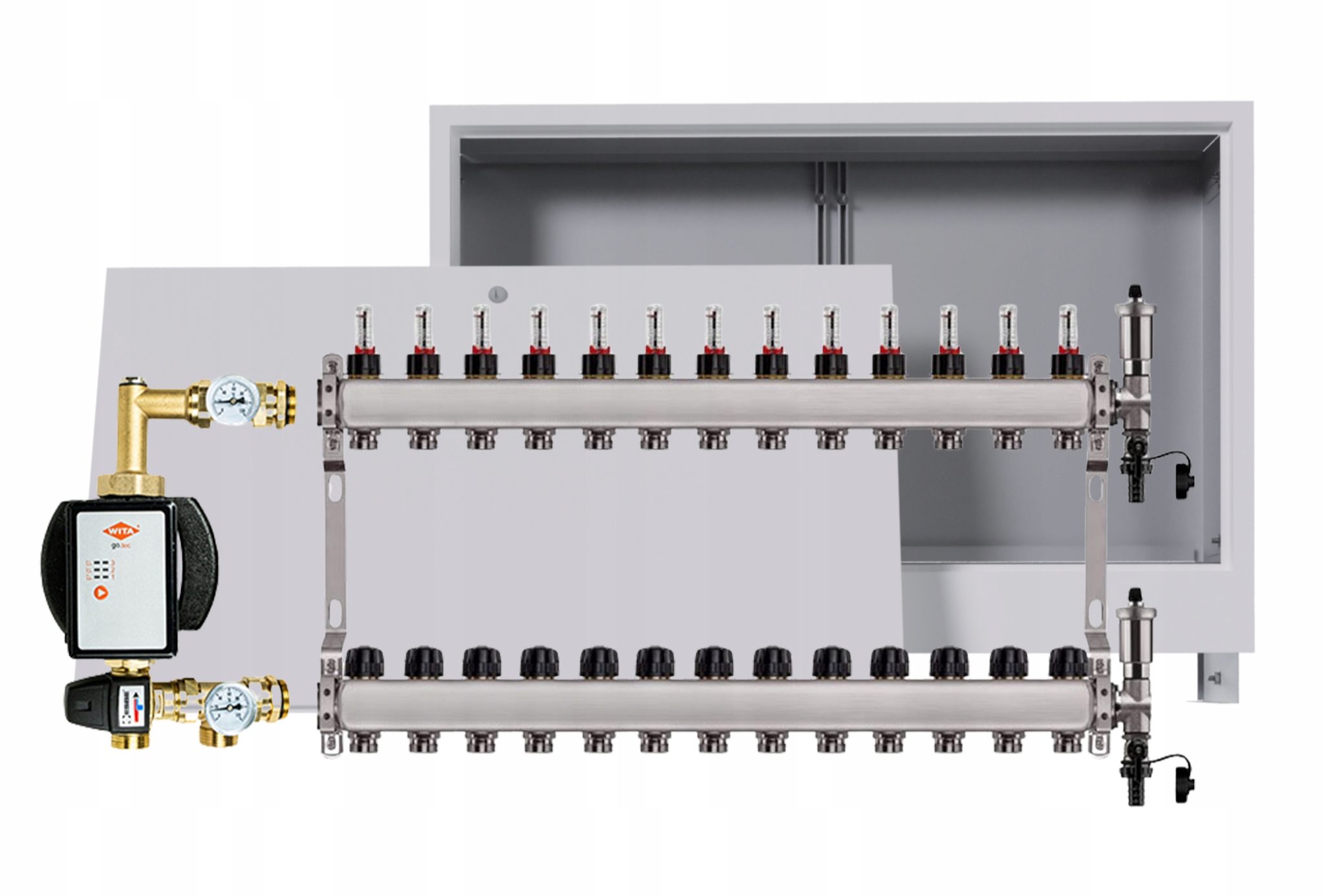 Rozdělovač pro podlahovku nerezový 12 okruhů s čerpadlem Wita box