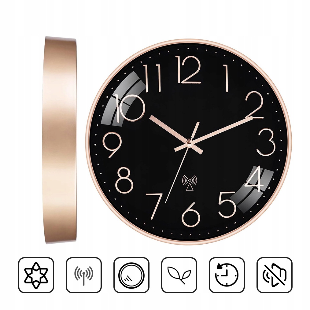Nástěnné Hodiny Automatické Černé Zlato Velké Moderní Tiché Rádiové Dcf