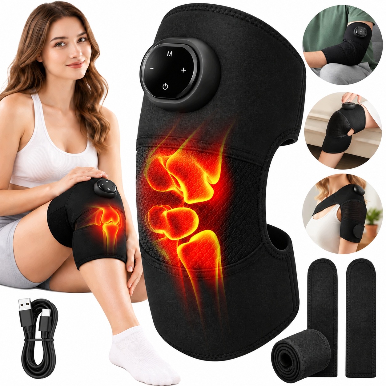 Podgrzewany Masażer Kolana Łokcia I Barku 5 Temperatur Wibracje LCD Usb