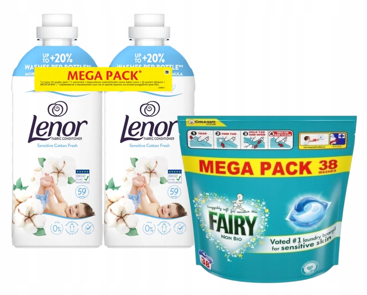 Levně Fairy Non Bio sensitive na praní 38 Lenor Sensitive na oplachování 118 praní