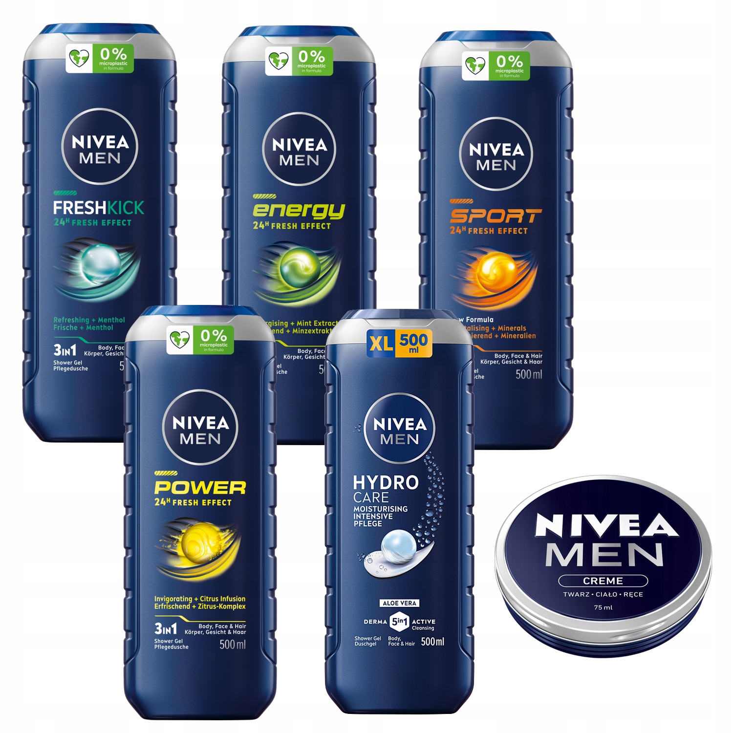 Nivea Men Sada Sprchový gel 3v1 pánský 5 x 500 ml univerzální krém 75 Ml