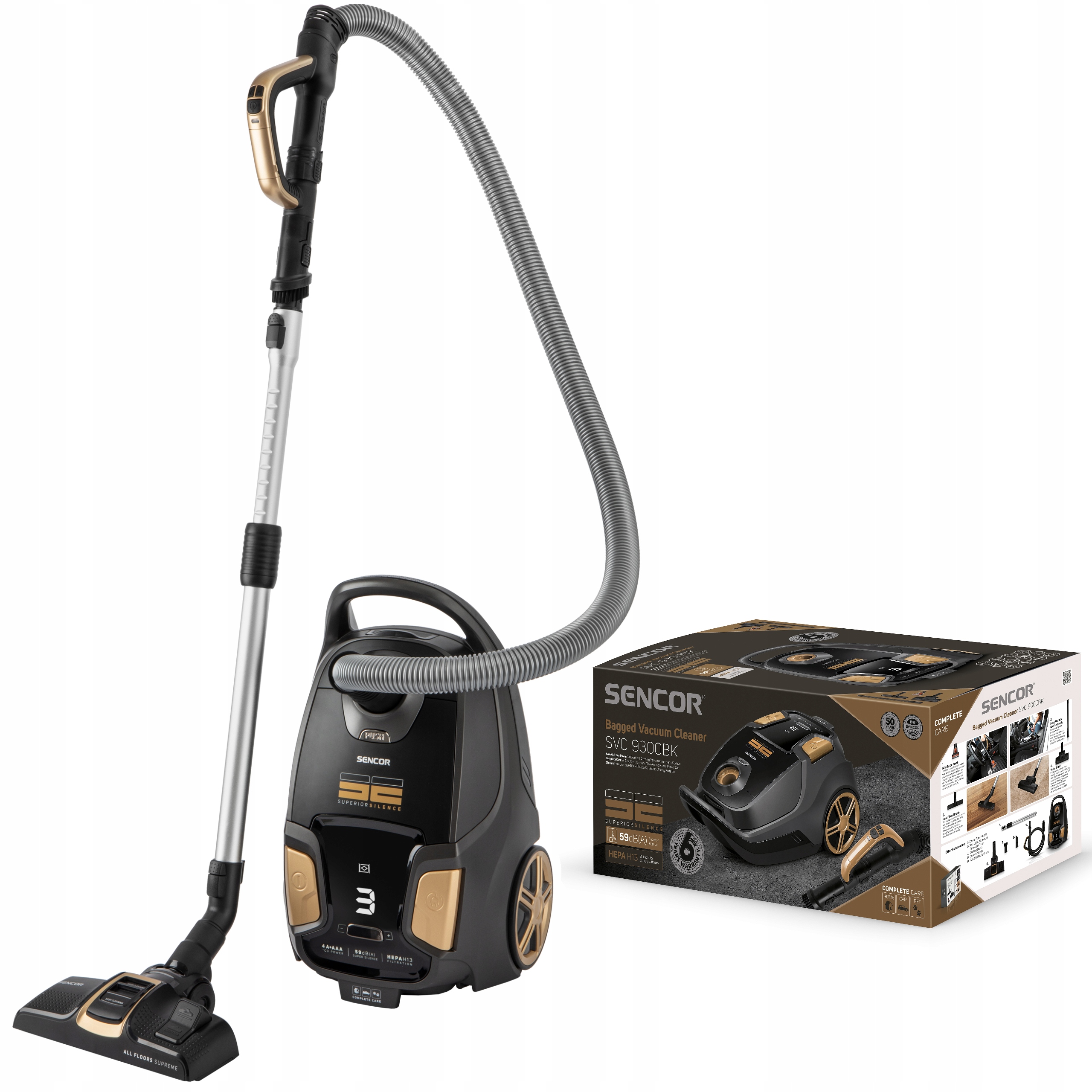 Cichy odkurzacz workowy 600W Hepa H13 dla alergików 59 dB Sencor Svc 9300BK