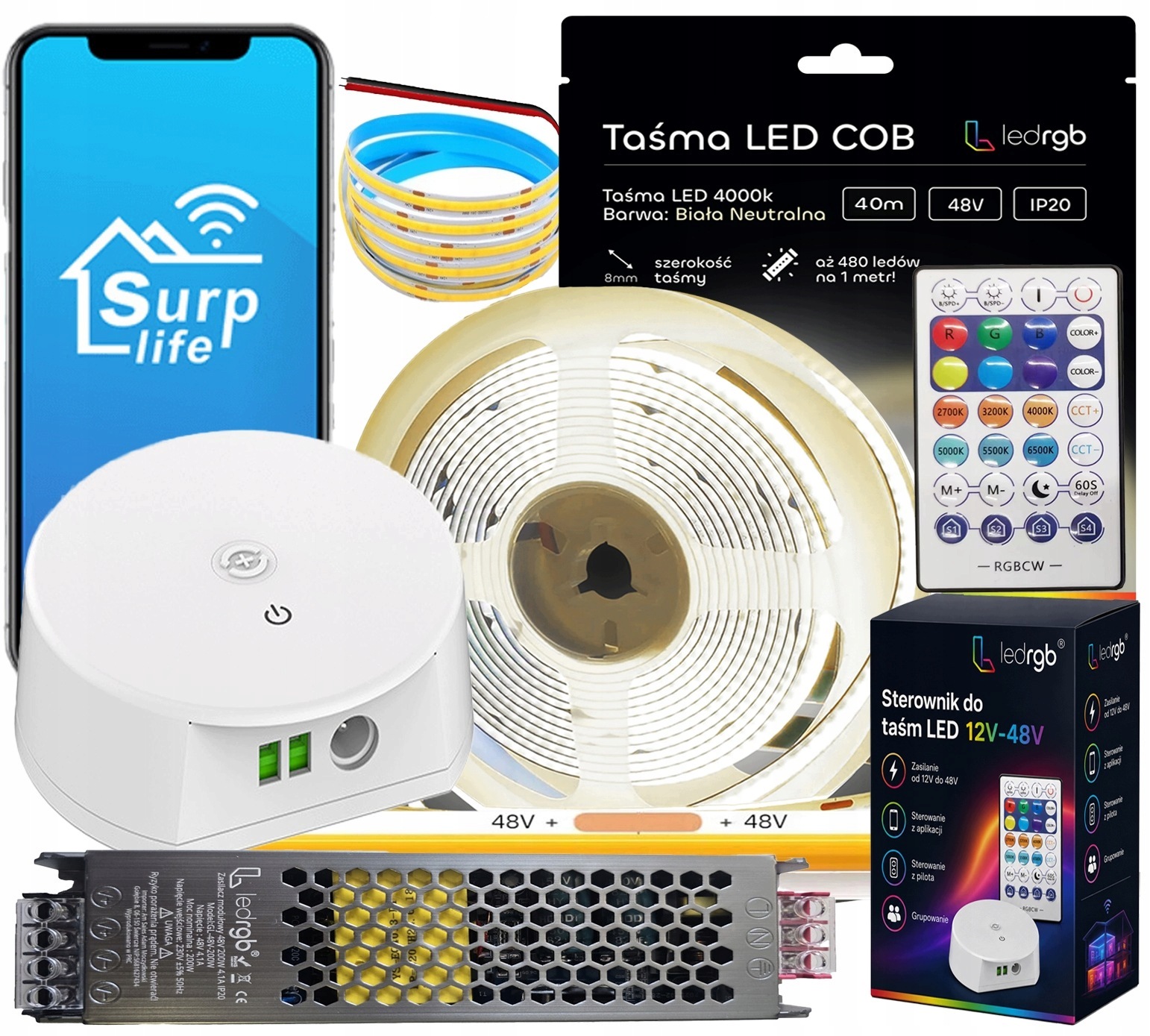 Sada Led pásků Cob 48V 40m 480 diod 4000K Bílá Ovladač Dálkový Ovladač Napájecí Zdroj