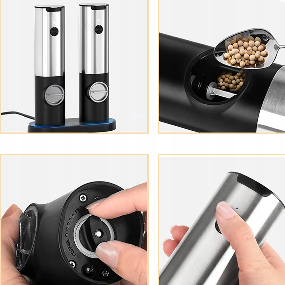 2x ELEKTRYCZNY MŁYNEK DO SOLI I PIEPRZU Z PODSTAWĄ Waga produktu z opakowaniem jednostkowym 0.77 kg