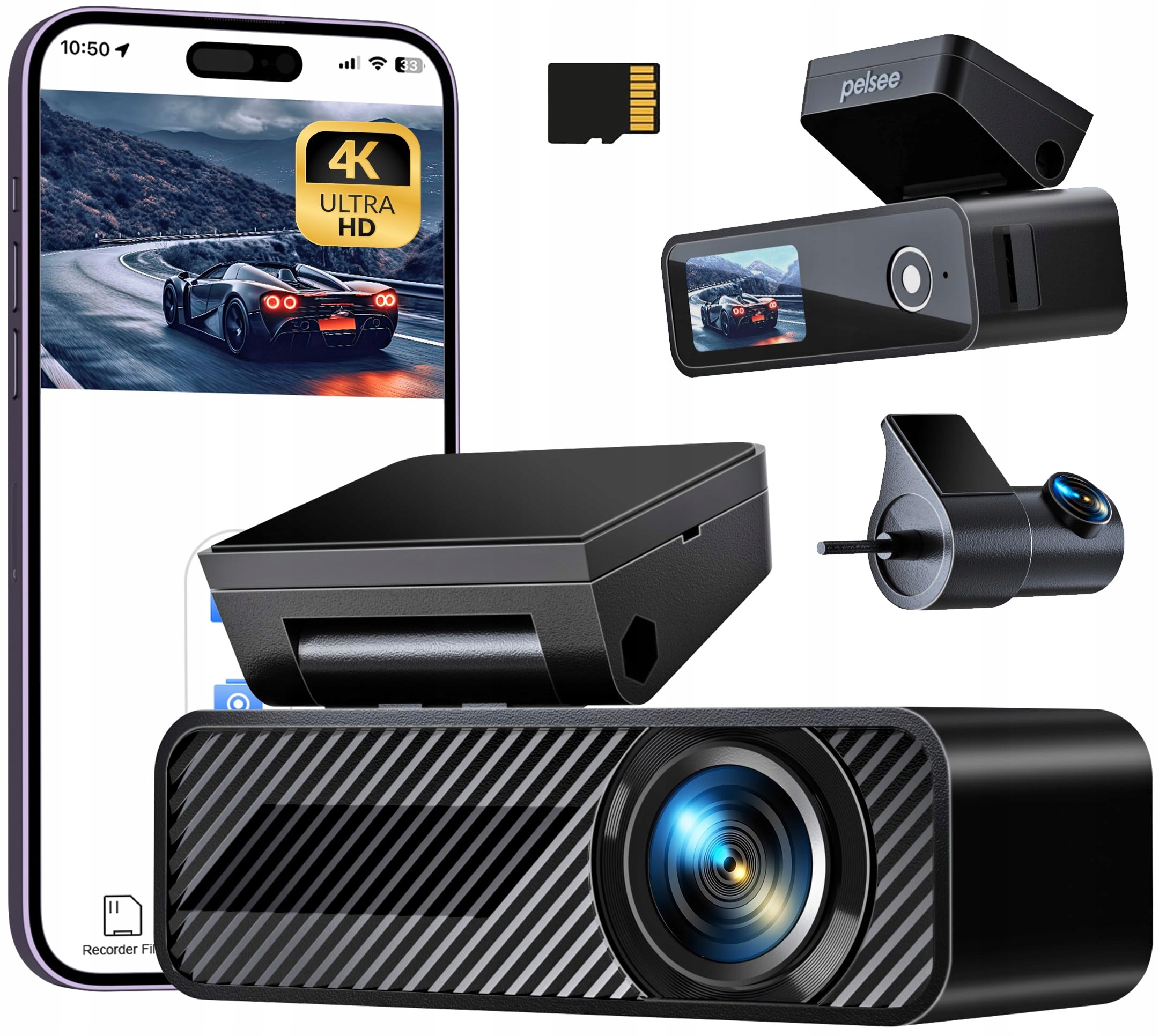 Automobilová Kamera Na Monitorovanie Parkovania Pelsee P1 Duo 4K Sd 64 Gb, 1.5''