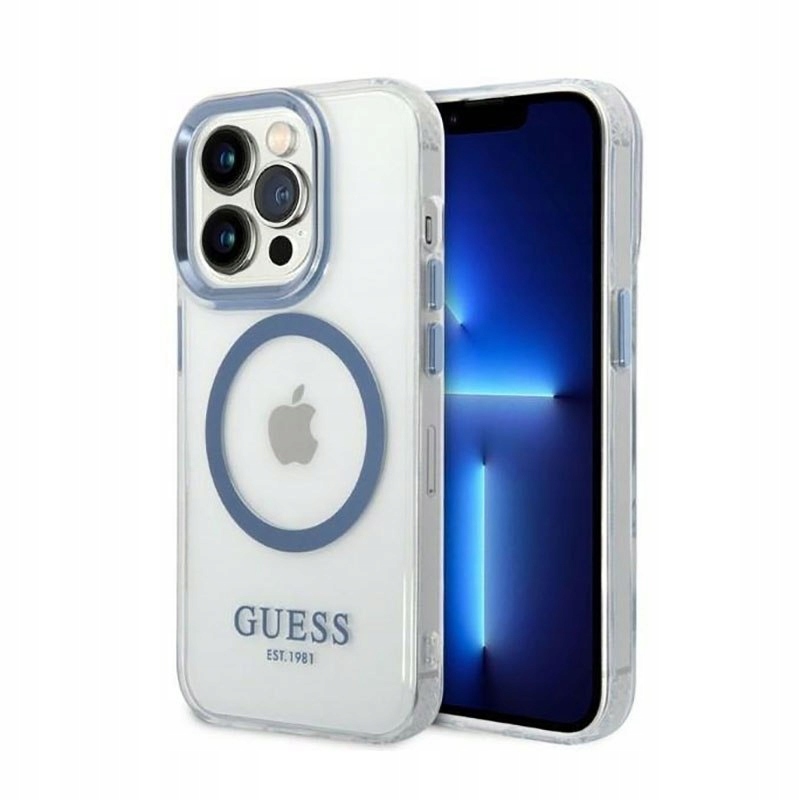 Pouzdro Guess Metal Outline MagSafe pro iPhone 14 Pro průhledný modré)