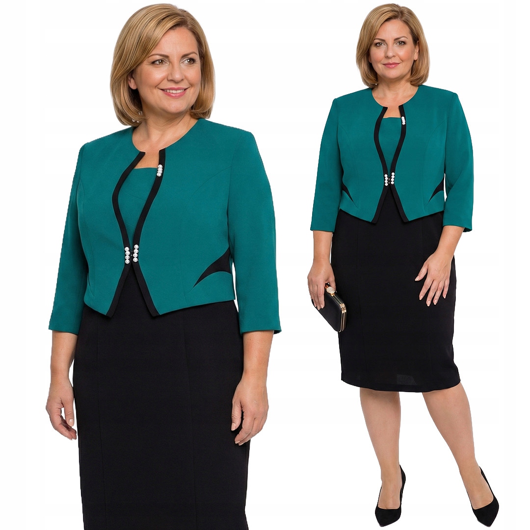Černo-zelený oblek s perlami plus size velikost 56