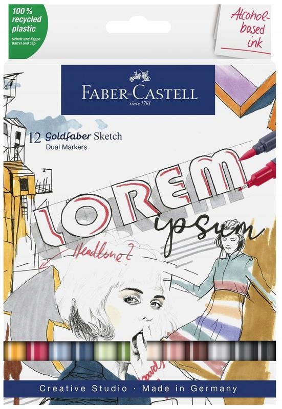 Umělecké pero Goldfaber Sketch oboustranné, sada 12 barev, Faber-Cas