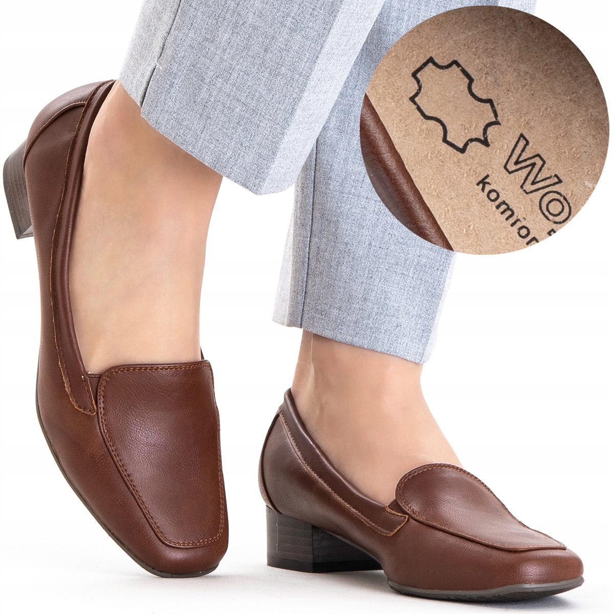 Polobotky mokasíny na podpatku z měkké kůže, elegantní, lehké, hnědé Wojtyłko 39