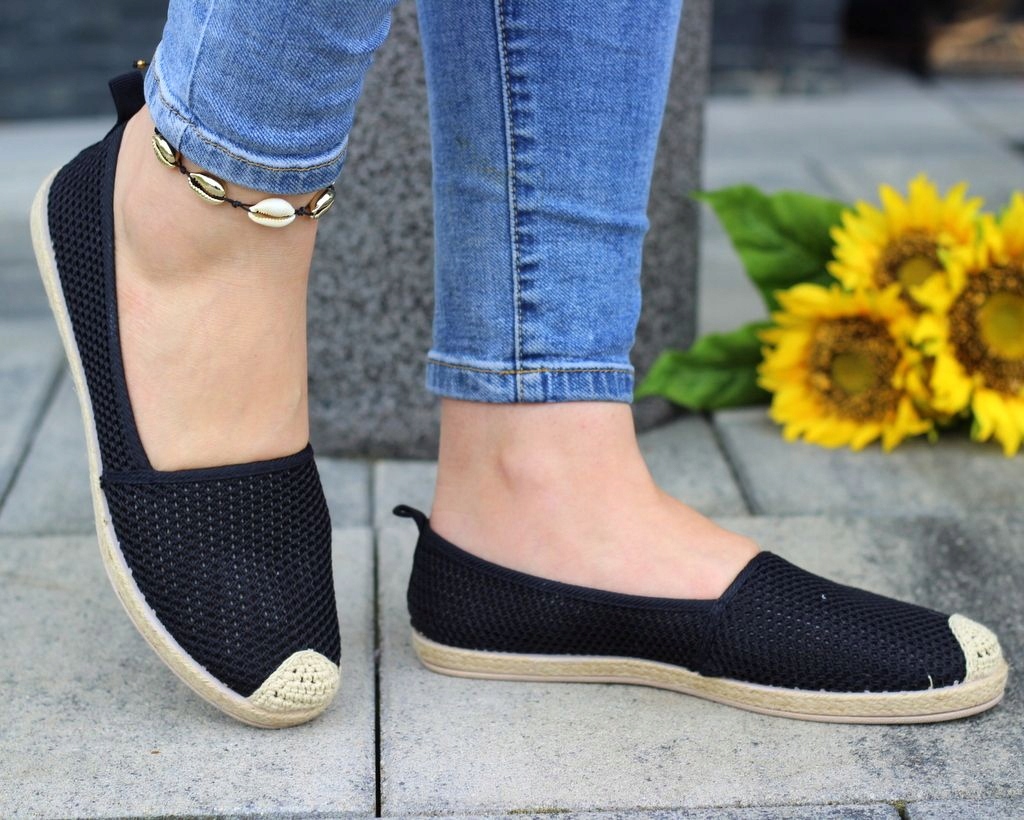 CZARNE PŁASKIE KORONKOWE ESPADRYLE DAMSKIE Rozmiar 38