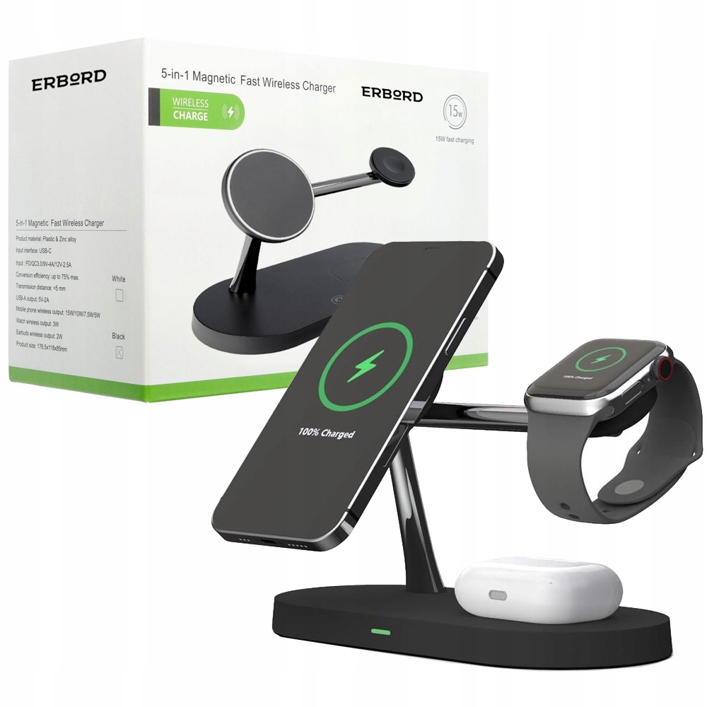 Erbord Magnetická Indukční Nabíječka 3v1 Pro Iphone Apple Watch 15W