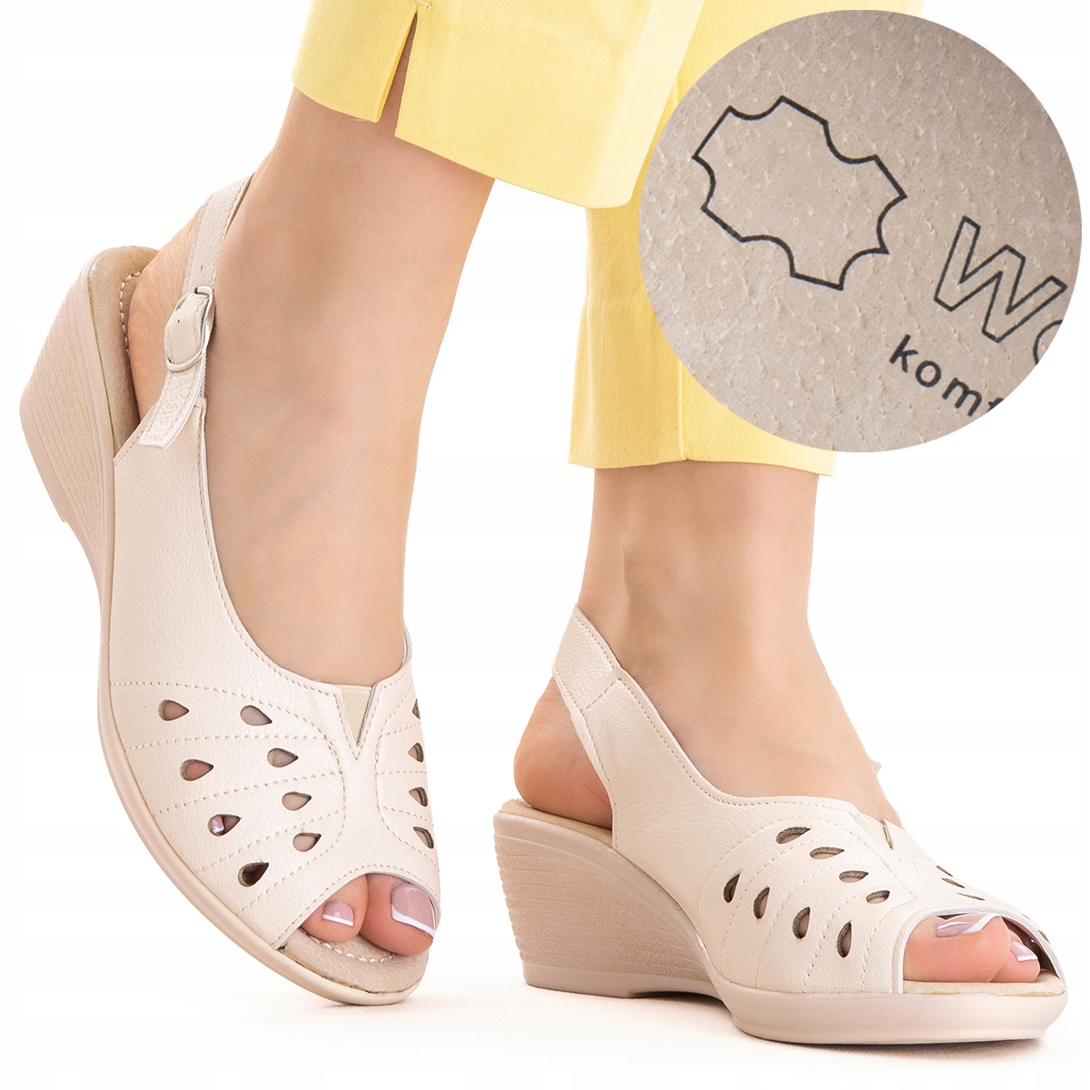 Sandały wkł.SKÓRA czółenka na koturnie półbuty miękkie lekkie Wojtyłko 38