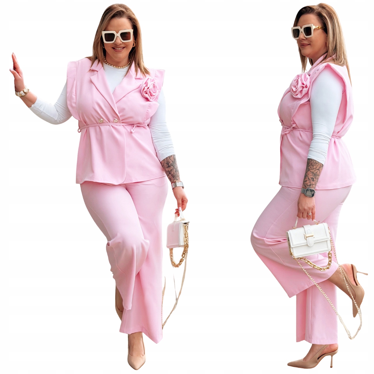 Garnitur Plus Size Bez Rękawów Duże Rozmiary Róża Damski Cavaricci Różowym
