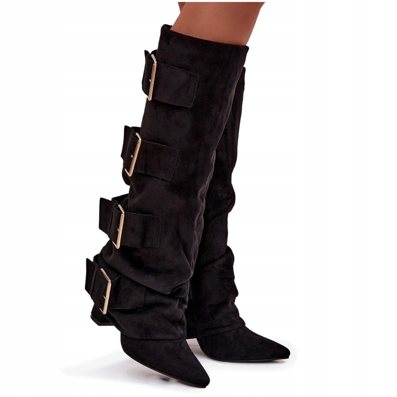 Dámské Kozačky Eko Semiš Zlaté Spony Sloupek Vyhrnutý Svršek Černé 41