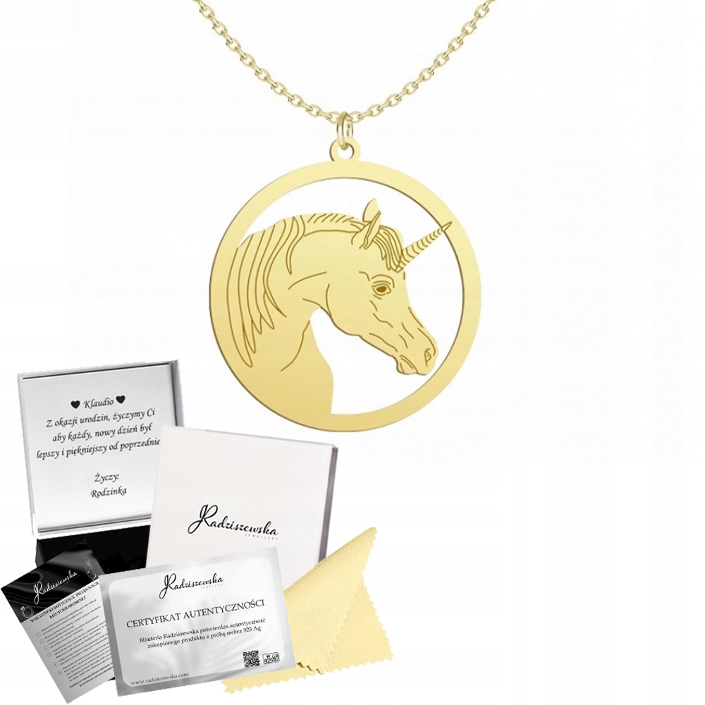 Zlatý náhrdelník s jednorožcem 925 Řetízek Narozeniny Gravírování Bonus