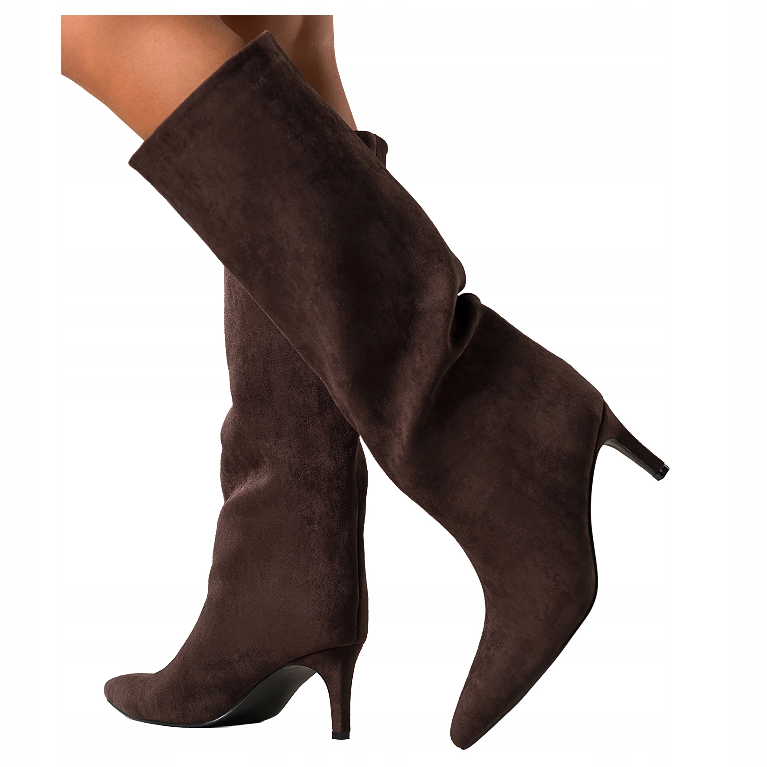 Čokoládové Kozačky Dámské Modne Široký Svršek Na Podpatku Semišové vel. 41