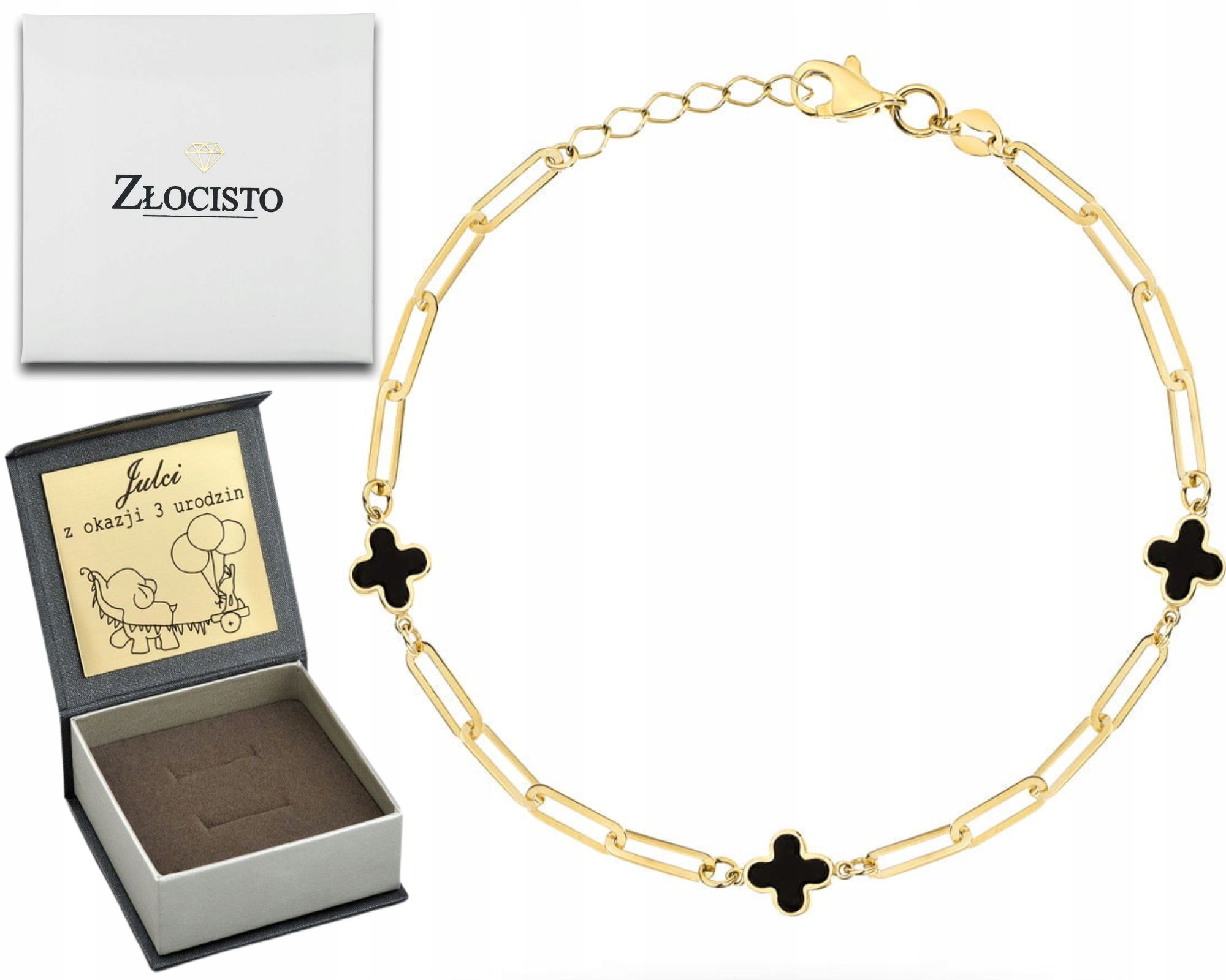 Zlatý Náramek S Dlouhými Články A Černými Jetelkami 585 Dárek Pod Vánoční Stromeček