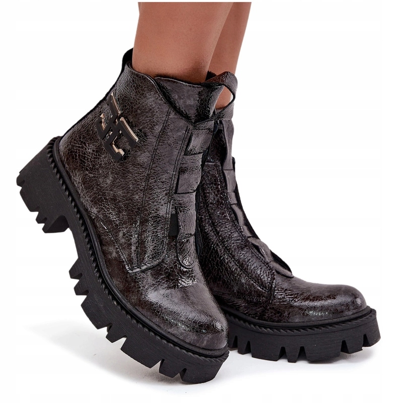 Dámské Kotníkové Boty Kůže, Zakračované, Lakované, Zatepleněné, Artiker 57C2081 Grafit 40