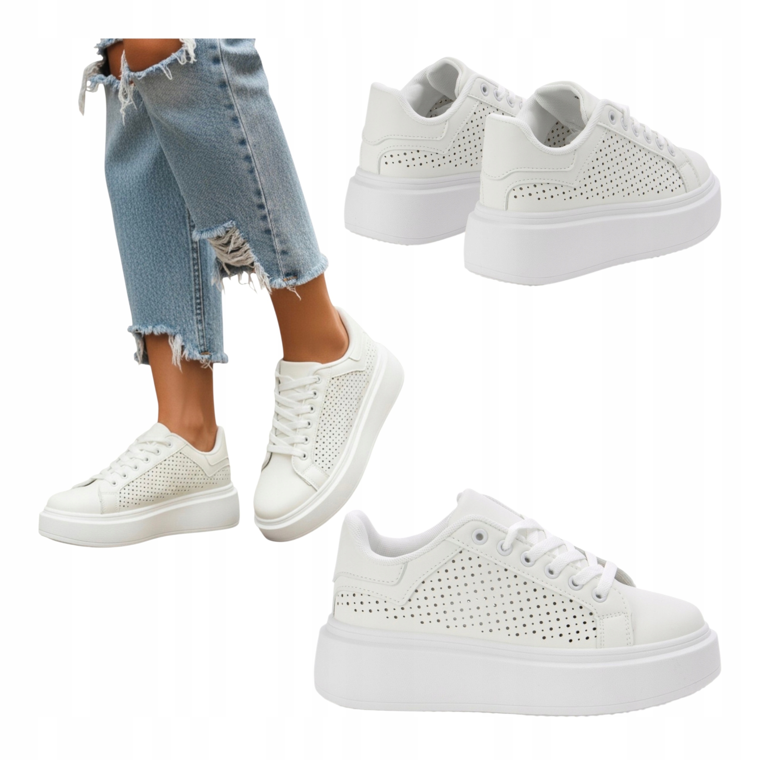 Dámské kožené tenisky na platformě s ažurovým zavazováním, pohodlné, bílé 36