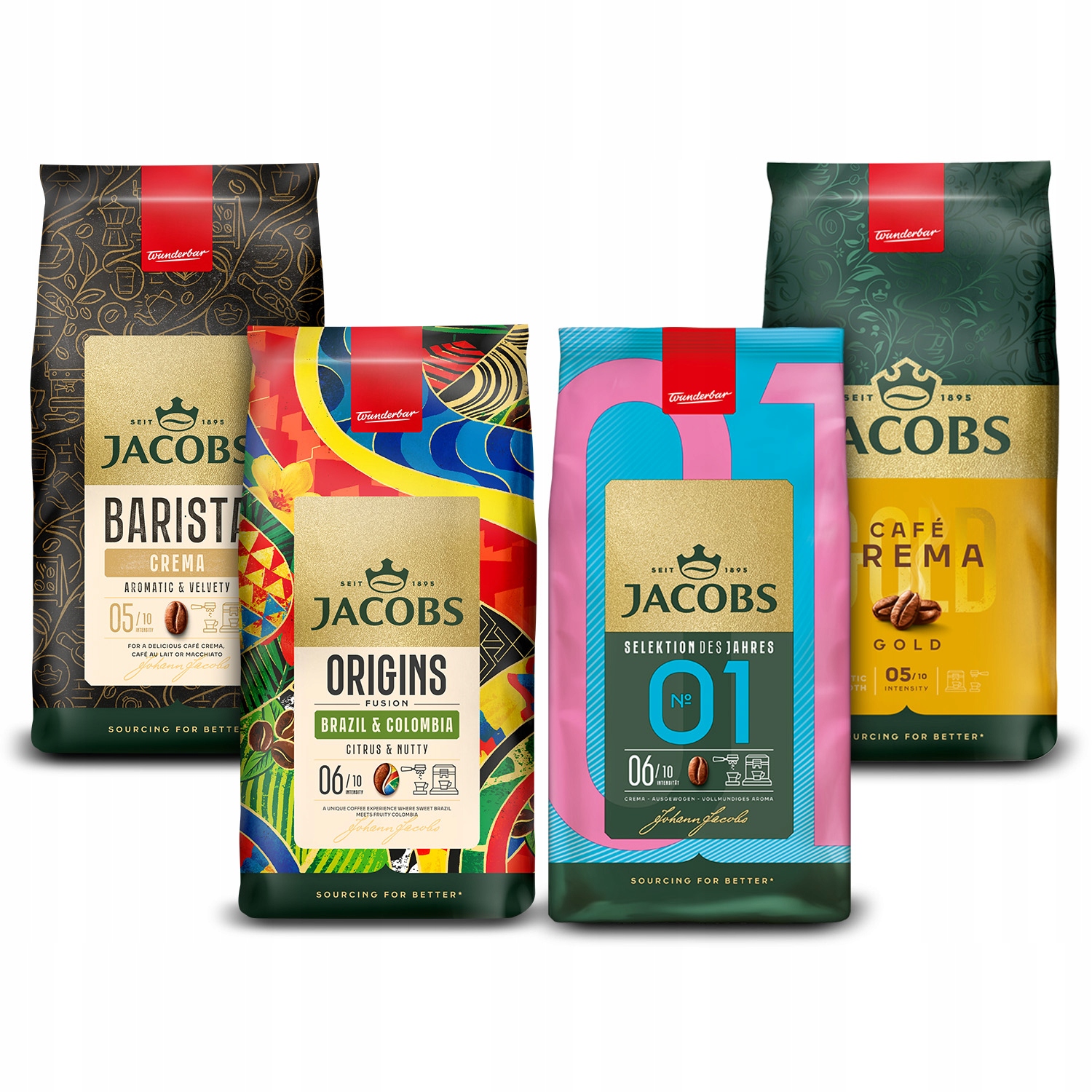 Kawa ziarnista Jacobs Crema, Barista Crema, Origins, Selection, 4x 1kg