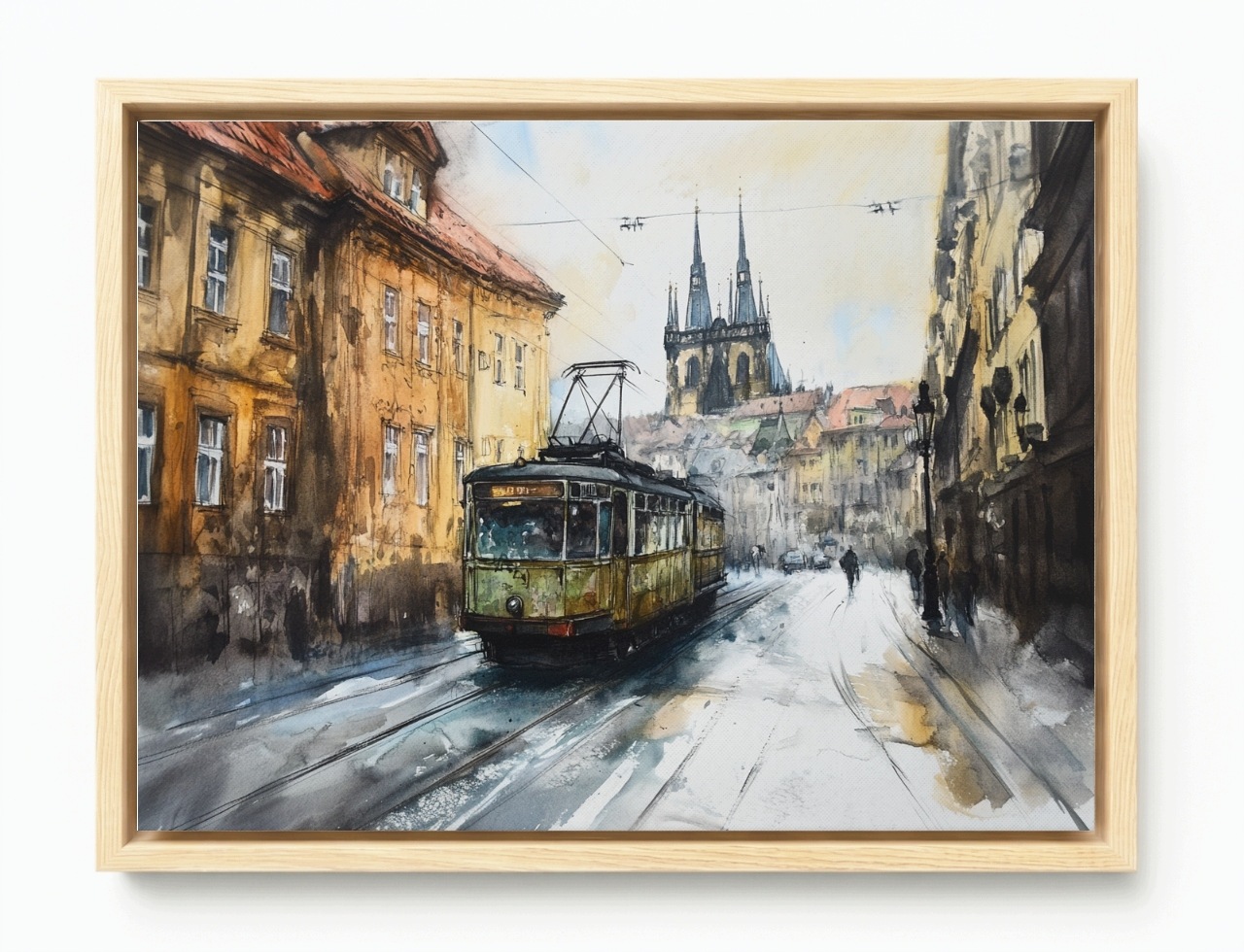 Obraz Rama American Box Mesto Kamienice Ulica Električka Akvarel 80x60
