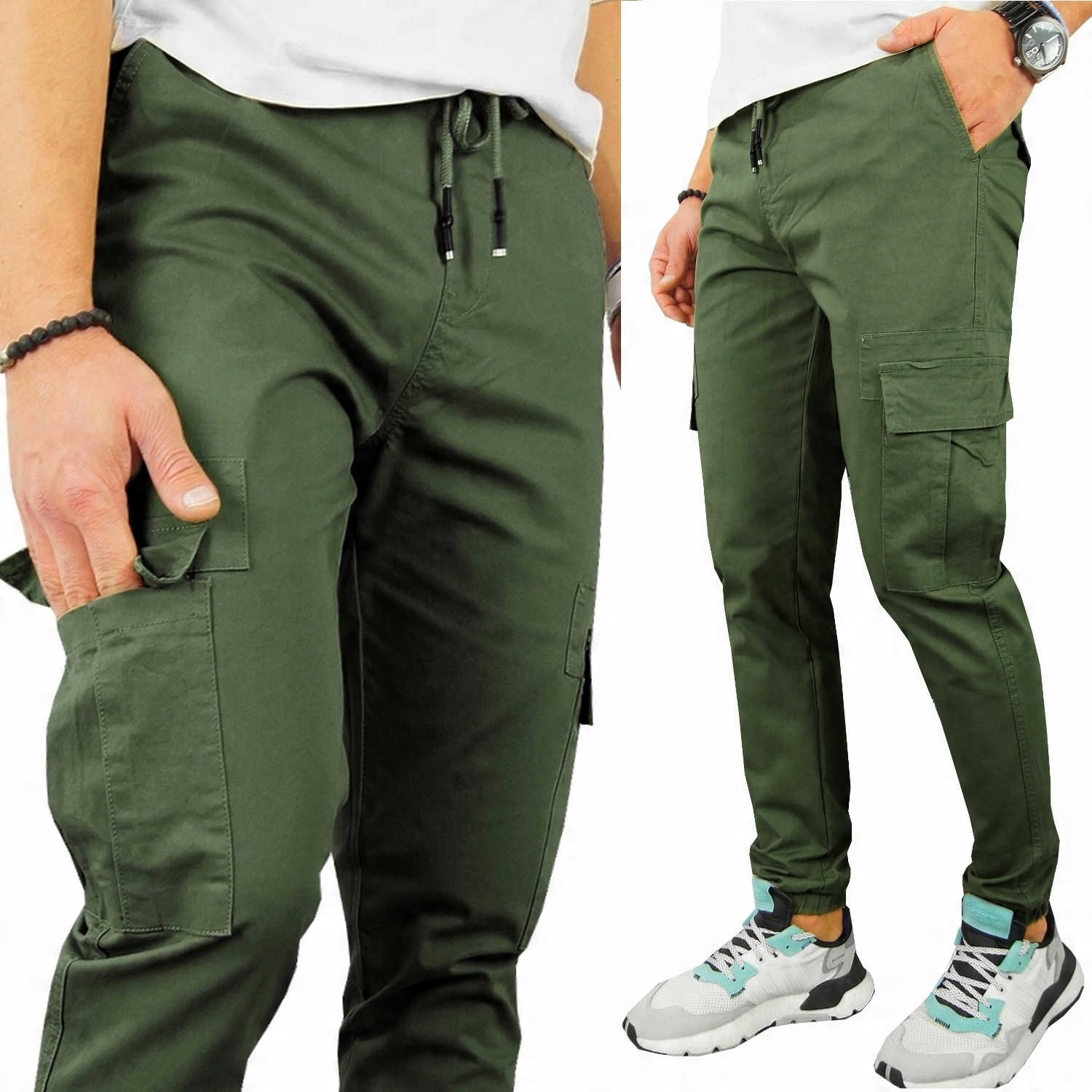 

Spodnie Bojówki Męskie Joggery kieszenie Khaki, M
