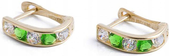 Zlaté dětské náušnice pro dívku, zelené čárky, velikost 585, 14 leté dítě