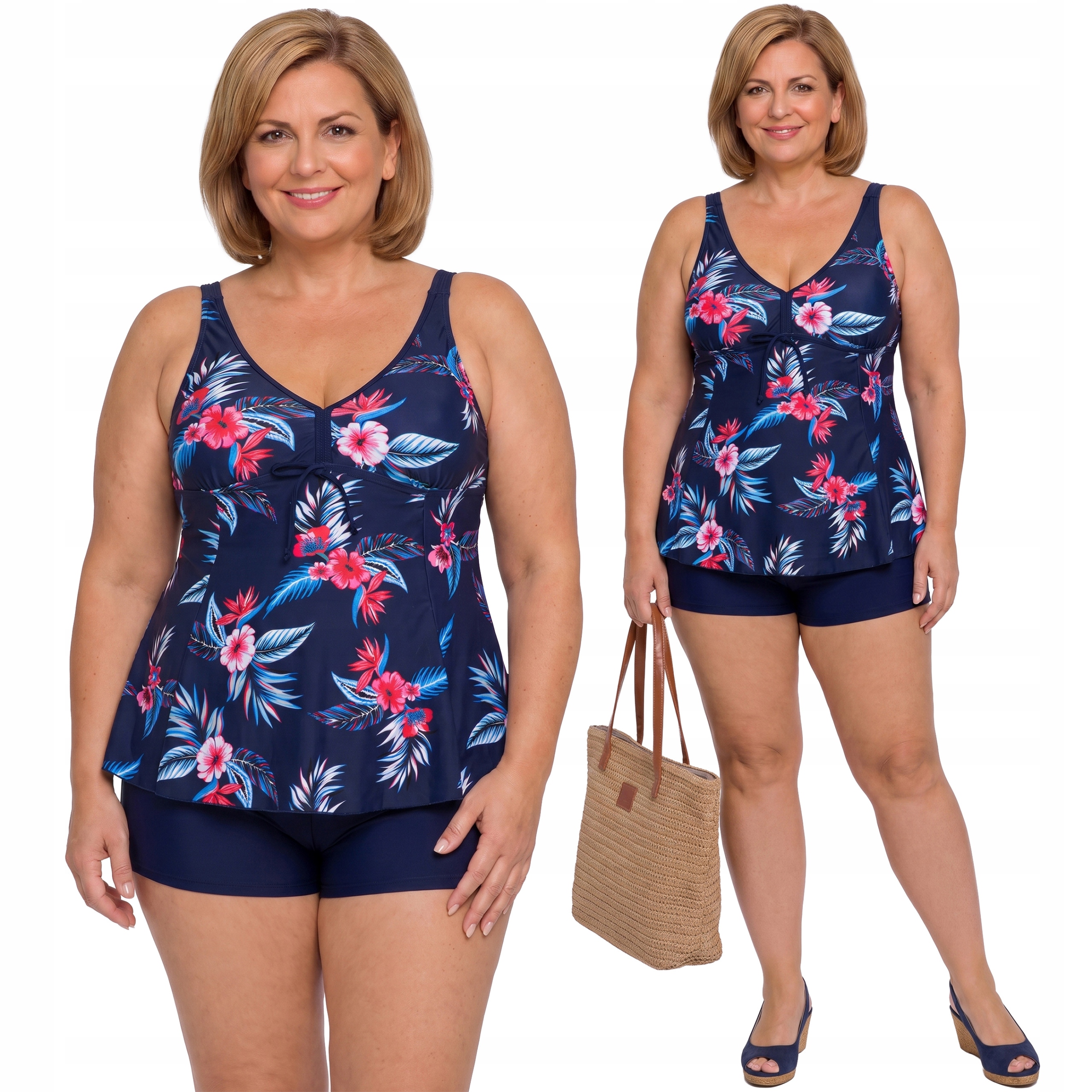 Tmavě modré plavky s tropickými vzory plus size velikost 56