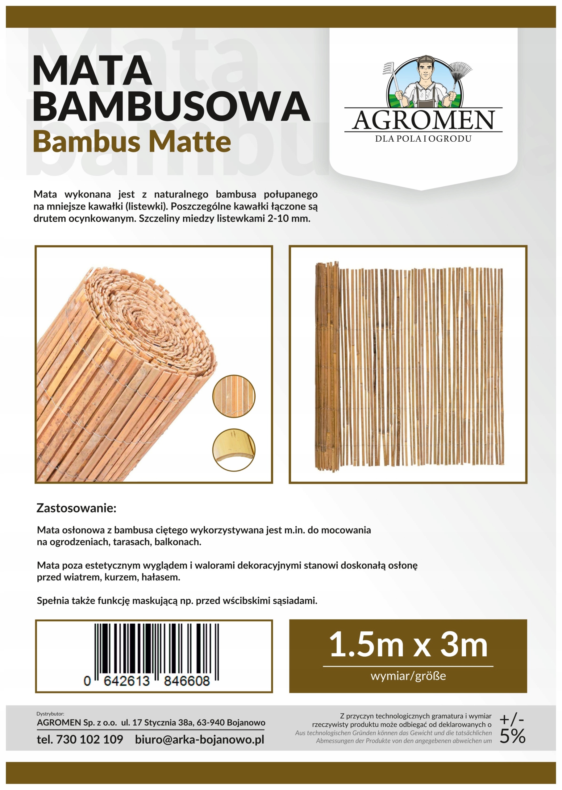 MATA BAMBUSOWA 1,5x3m OSŁONOWA PŁOT BALKON Kod producenta Agromen