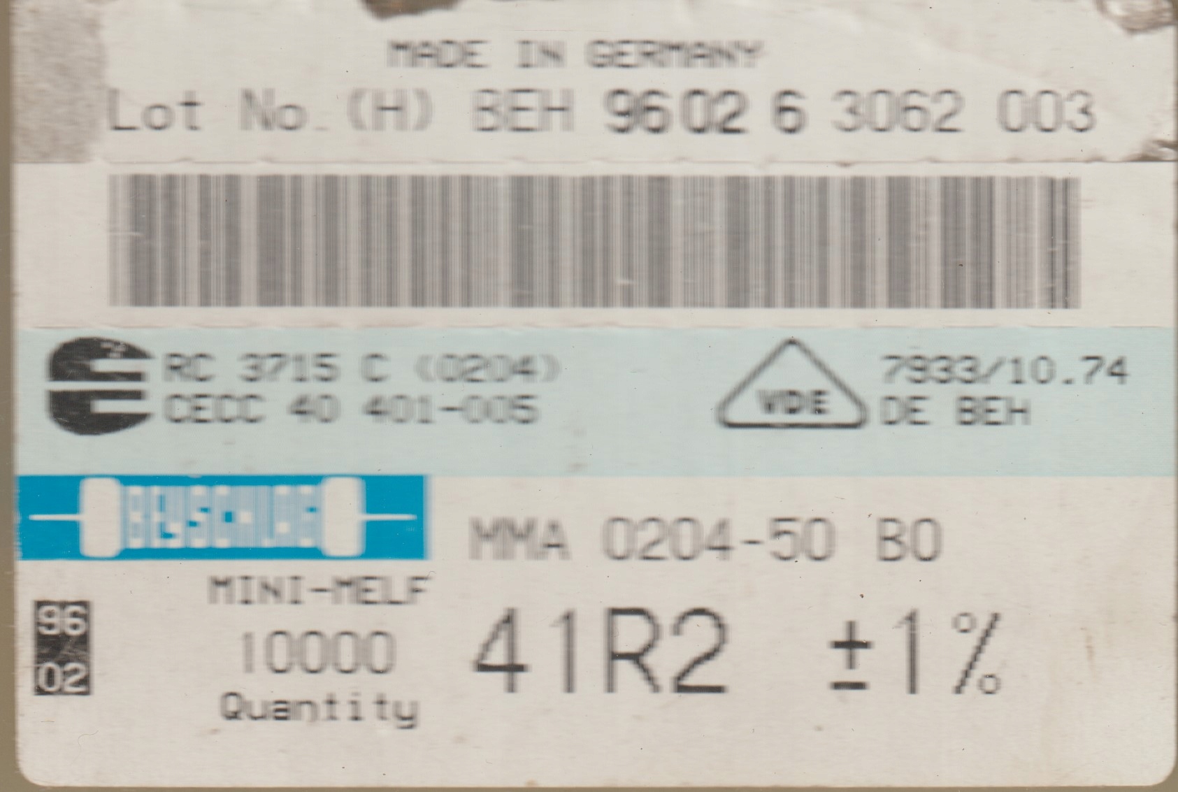 [100szt] 41R2 1% 50ppm rezystor Smd minimelf MMA0204 Beyschlag low noise